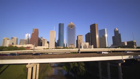 Wide-angle-drone-view-of-buildings-in-downtown-Houston,-Texas