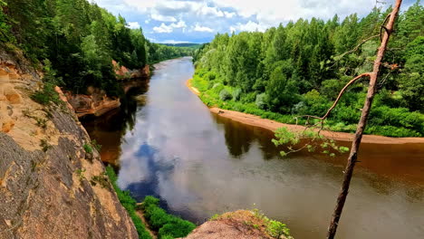 Panoramic-Erglu-Cliff-Klintis-River-through-green-forest-landscape-Latvia-cliff-Gauja-National-Park-spacious-natural-scenery-in-europe
