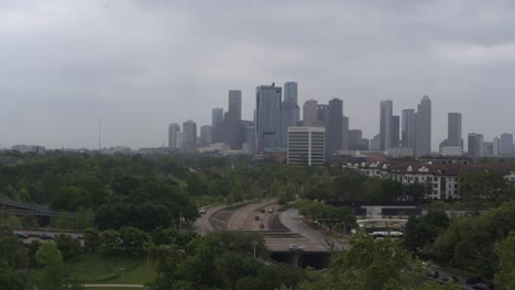 Drone-view-of-Houston,-Texas-downtown-area-and-surrounding-area