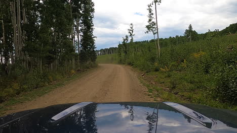 Vorbeifahren-An-Einem-Geländewagen-Nebeneinander-Auf-Einem-Schotterweg-Im-Wald,-POV-Aufnahme