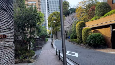 Walking-at-yokohama-residential-neighborhood-city-asphalted-trees-urban-houses-and-greenery-POV