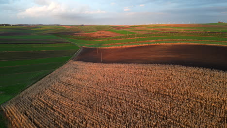 A-drone-captures-the-breathtaking-autumn-sunset-over-Polish-fields,-showcasing-the-vibrant-fall-colors-from-above