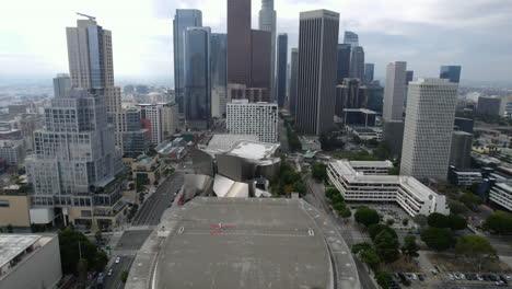 Los-Angeles-USA-Downtown-Buildings,-Opera-House,-Walt-Disney-Concert-Hall-and-Street-Traffic,-Drone-Aerial-View