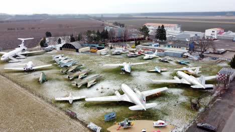 Aerial-View-Of-Aviation-Museum-During-Winter-In-Kunovice,-Czechia,-Czech-Republic