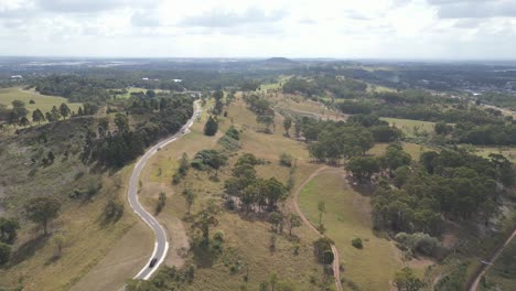 Aerial-bird-eye-view-of-The-Australian-Botanic-Garden-at-Mount-Annan,-Sydney,-New-South-Wales---Australia