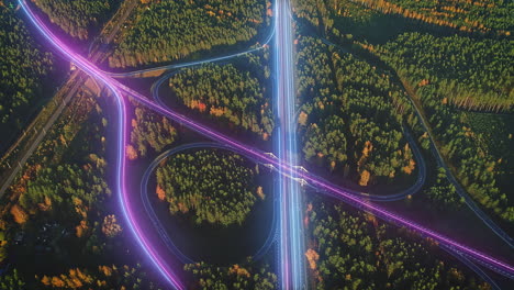 Time-lapse-of-animated-traffic-light-trails-on-a-rural-forest-road---VFX-render