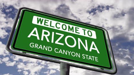 Welcome-to-Arizona,-USA-Road-Sign,-Grand-Canyon-State-Nickname,-Realistic-3d-Animation