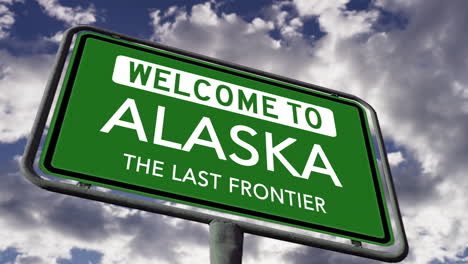 Willkommen-In-Alaska,-US-Staatsstraßenschild,-Spitzname-„The-Last-Frontier“,-Realistische-3D-Animation