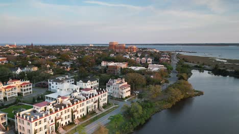A-drone-shot-showing-waterfront-property-in-downtown-charleston-south-carolina