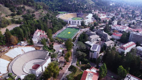 University-of-California,-Berkeley,-Aerial-View-of-Memorial-Football-Stadium,-Maxwell-Athletic-Field-and-Greek-Theatre,-Drone-Shot