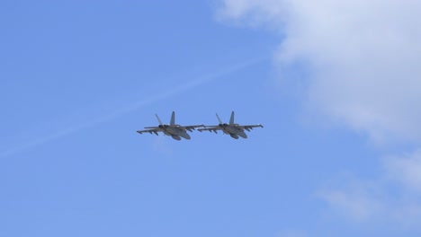 Two-ship-F18-Jet-Formation-Flight,-Blue-Sky-Background-TRACK