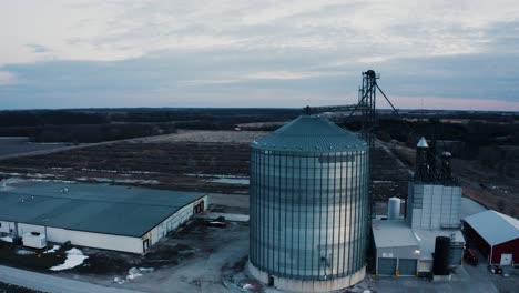 Orbiting-drone-shot-of-a-large-grain-silo-in-rural-Iowa