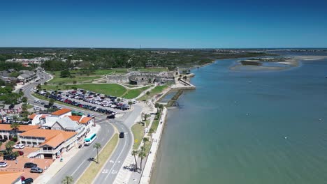 An-orbiting-drone-shot-of-castillo-san-marcos-flying-over-the-seawall