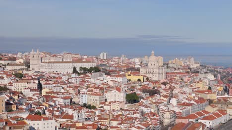 Aerial-drone-establishing-overview-of-Lisbon-Portugal's-iconic-cathedral-churches-and-historical-architecture