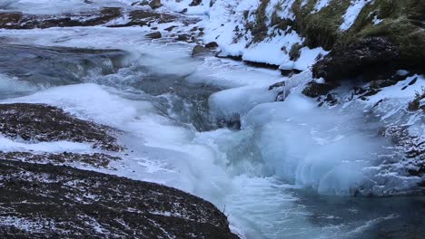 Schnell-Fließender-Fluss,-Der-über-Eisbedeckte-Felsen-Fließt