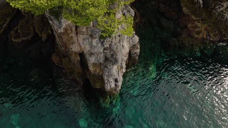 Above-View-Of-Crystal-Clear-With-Rugged-Shore-In-Kalamota,-Island-Kolocep-Near-Dubrovnik,-Croatia