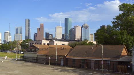 Ascending-drone-shot-of-downtown-Houston,-Texas