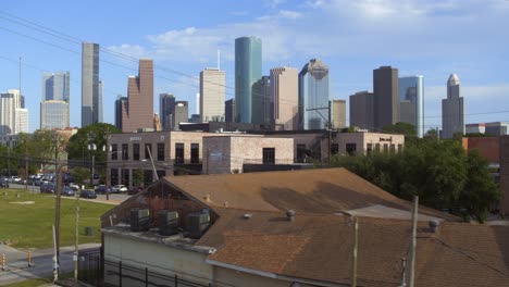 Drone-shot-of-downtown-Houston,-Texas-moving-to-the-right