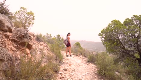 Hiker-girl,-woman-outdoors-in-mountain-forest,-nature-walking,-strolling,-wandering-at-the-woods-on-winter