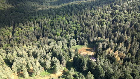 Aerial-View-Zoom-out-from-Hiking-Hut-and-Reveals-Foresty-Mountains-of-Vitosha