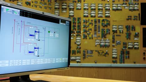 Kraftwerk-Kontrollraum-Computer-Bildschirm-Mit-Grafiken-Und-Wand-Mit-Tasten