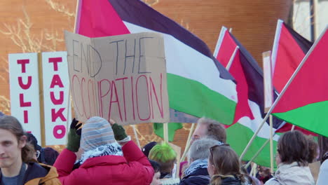 Pancartas-En-Manifestación-Por-Palestina-Libre-Dicen-Alto-El-Fuego,-Fin-De-La-Ocupación