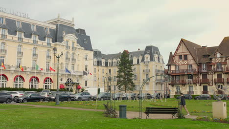Profile-view-of-famous-Grand-Hotel,-where-a-French-writer,-Marcel-Proust-stayed-in-Cabourg,-France