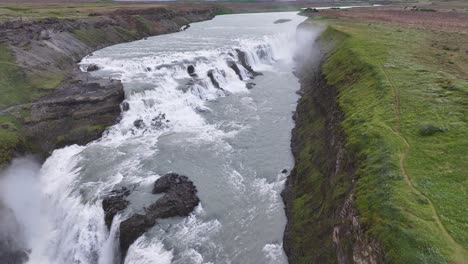 Flying-Above-Gullfoss-Waterfall-and-Hvita-River-Canyon,-Stunning-Landscape-of-Iceland,-Drone-Shot-60fps