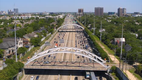 Aerial-view-of-car-traffic-on-59-South-freeway-in-Houston,-Texas