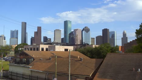 Drone-shot-of-downtown-Houston,-Texas-moving-to-the-left