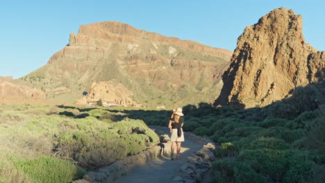 Mother-with-child-walks-a-tourist-hiking-path-in-Teide-national-park-on-a-hot-summer-day
