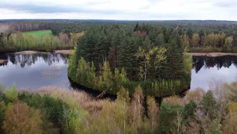 Aerial-view-over-island-inside-small-lake-in-the-belgian-forest-landscape