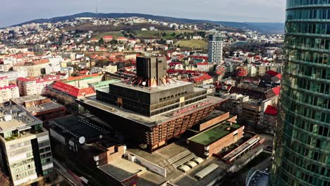 Aerial-drone-view-of-Slovak-Radio---"Inverted-pyramid"---historical-landmark-of-Bratislava-behind-the-National-Bank-of-Slovakia