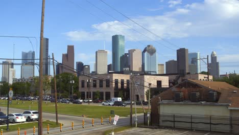 Wide-angle-drone-shot-of-downtown-Houston,-Texas-from-the-Heights-area-of-town