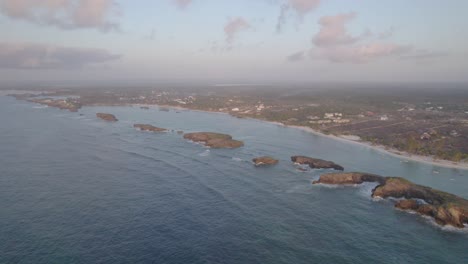 Wide-shot-of-morning-light-on-Islands,-of-the-coast-of-Kenya