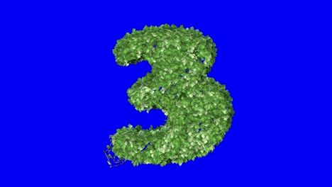 3D-Blätter-Bilden-Die-Zahl-3-Mit-Windeffekt-Auf-Blauem-Bildschirm,-3D-Animation