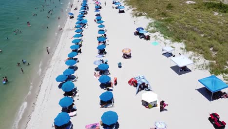 Vibrant-Miami-beachfront-bustling-with-people-and-parasols---aerial-fly-over