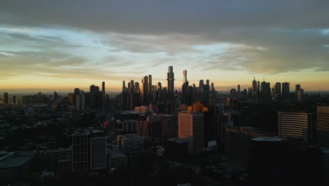 Aerial-drone-view-of-a-moody-sunset-in-Melbourne,-Victoria,-Australia