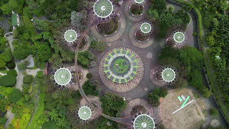 Supertree-Groves-of-Gardens-by-the-Bay-with-people-on-observatory-deck,-Top-down-Drone