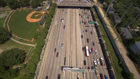 Aerial-view-of-car-traffic-on-59-South-freeway-in-Houston,-Texas