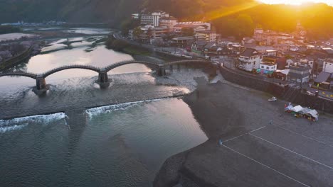 Iwakuni-Kintaikyo-Bridge,-Aerial-View-at-Sunrise-4k