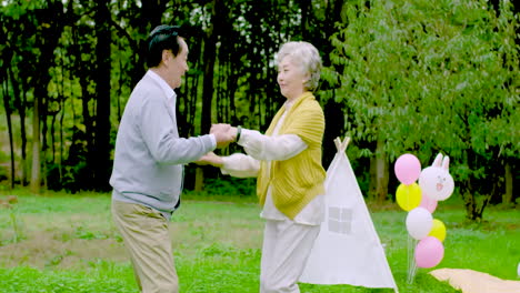 Pareja-De-Ancianos-Positivos-Bailando-En-Un-Parque-Verde-Sonriendo-Jubilados-Felices,-Feliz-Hermosa-Pareja-De-Ancianos-Jubilados-Activos-Alegres,-Ocio-De-Abuelos