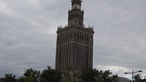 In-central-Warsaw,-Poland,-the-Palace-of-Culture-and-Science-commands-attention,-emblematic-of-the-contemporary-essence-of-European-metropolises