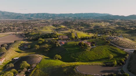 Volando-Sobre-Las-Pintorescas-Colinas-Vinícolas-De-Ensueño-En-Santa-Ynez,-Costa-Central-De-California,-Cordillera-En-El-Horizonte-Con-Frondosos-árboles-Y-Propiedades-De-Lujo-Debajo