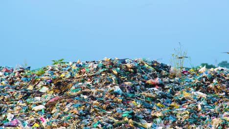 Haufen-Plastikmüll-Auf-Einer-Mülldeponie-Mit-Ein-Paar-Vögeln,-Die-Herumfliegen