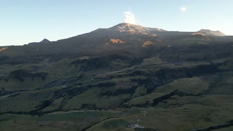 Flying-towards-active-volcano-Nevado-del-Ruiz-in-the-Tolima-department-in-the-Andes-mountains-in-Colombia-during-sunset