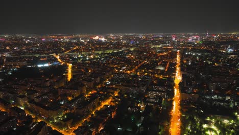 Aerial-hyperlapse-over-Bulevardul-Lacul-Tei-at-night-in-Bucharest,-Romania