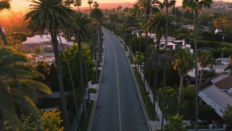 Toma-Aérea-De-Un-Dron,-Sobrevolando-La-Icónica-Calle-De-Beverly-Hills-En-La-Hora-Dorada,-Palmeras-Bordeando-La-Calle-Mientras-Los-Autos-Pasan-Por-Casas-Lujosas