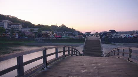 Kintaikyo-Arch-Bridge-at-Dawn,-Peaceful-Morning-Japanese-Scene-in-Countryside