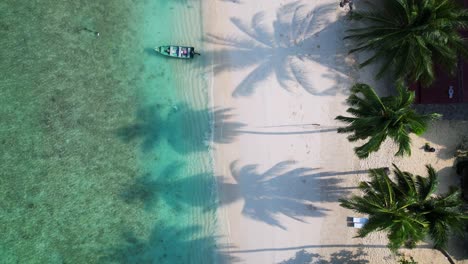 Barcos-En-Una-Playa-Vacía-Con-Sombra-De-Palmeras-En-La-Mañana.